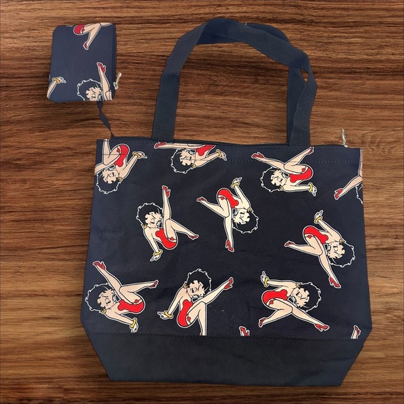 Betty Boop Handbags - Betty Boop Tote Bag & Coin Purse Set Black Novelty Cartoon Character‎